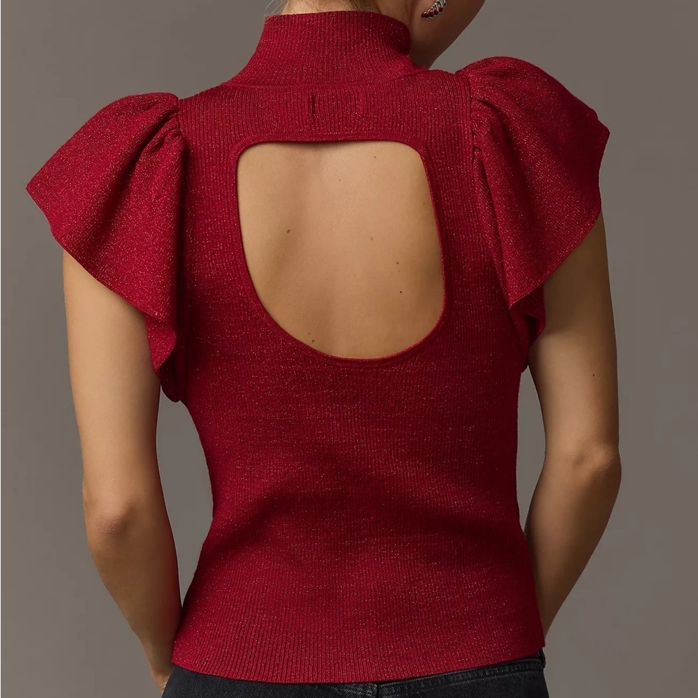 Anthropologie Maeve Glitter Flutter Muscle Sleeve Sweater in Black Size Small - Picture 4 of 10